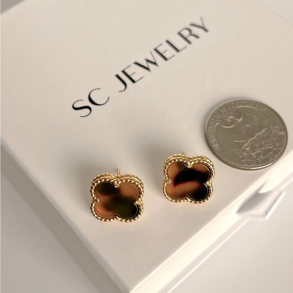 Clover Earrings Tiger Eye Onyx Stone Stud Earrings Luxury Jewelry - Picture 6 of 12